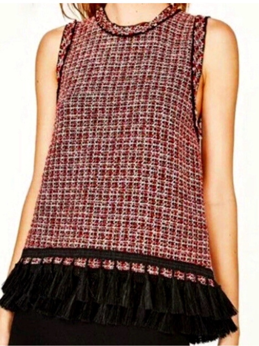 Zara Red Black Fringe Tassel Tweed Top XS